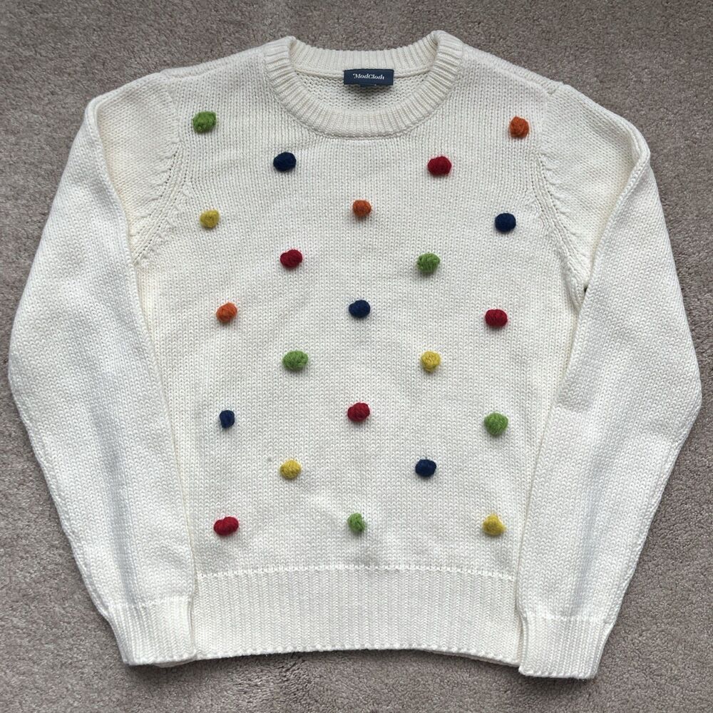 ModCloth Sweater Women M Pom Confetti Blowing Bubble Chunky Ivory Blogger Fave